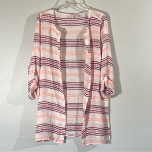 St Tropez West Pink White Striped Linen Weave Button Up Tunic Shirt Size M